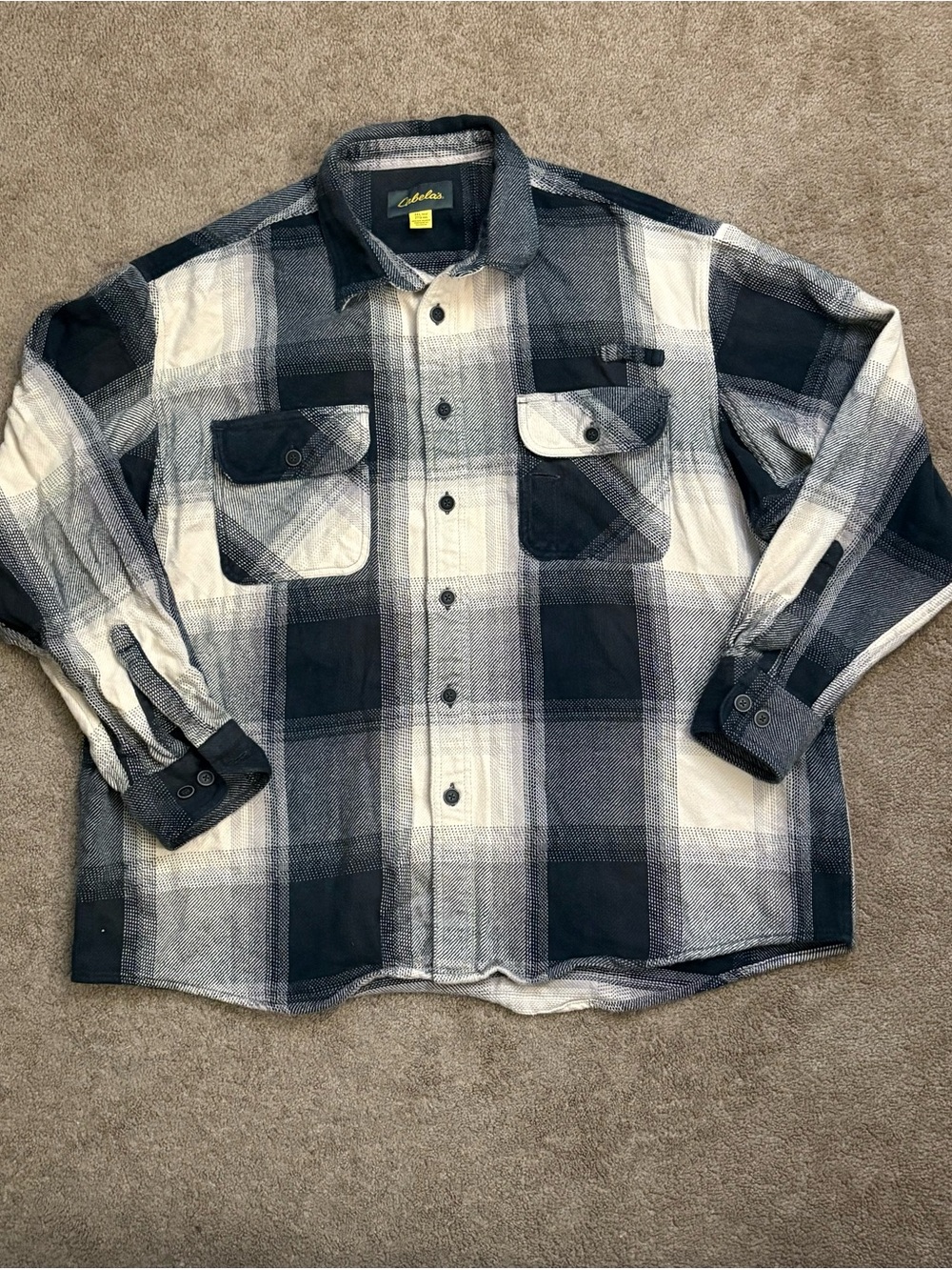 Cabelas Mens 2XL Heavyweight Flannel Plaid Button-Down Shirt White Gray Black